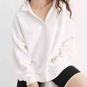 Aerie Happy Henley Everyday Polo Sweatshirt White Size Medium